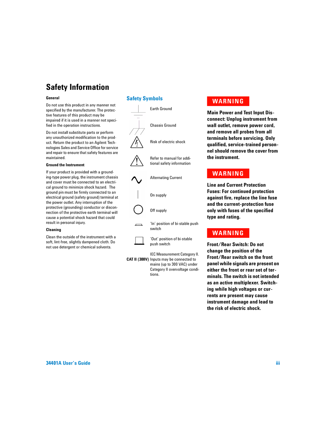 Agilent Technologies 34401A manual Safety Information 