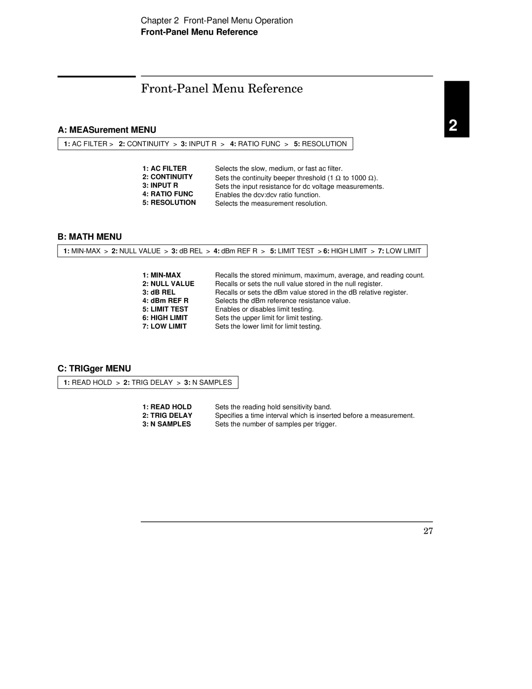 Agilent Technologies 34401A manual Front-Panel Menu Reference 