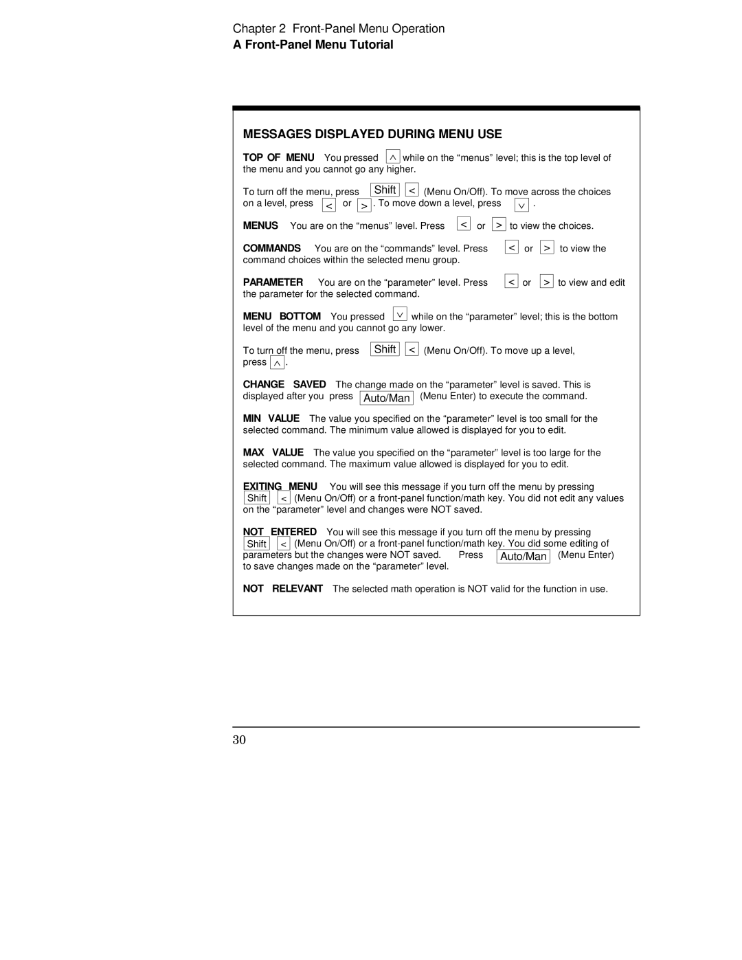 Agilent Technologies 34401A manual Messages Displayed During Menu USE, Menu Bottom You pressed 