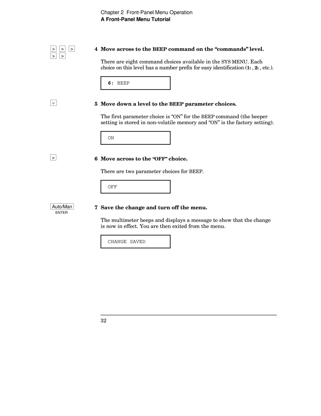 Agilent Technologies 34401A Move across to the Beep command on the commands level, Save the change and turn off the menu 