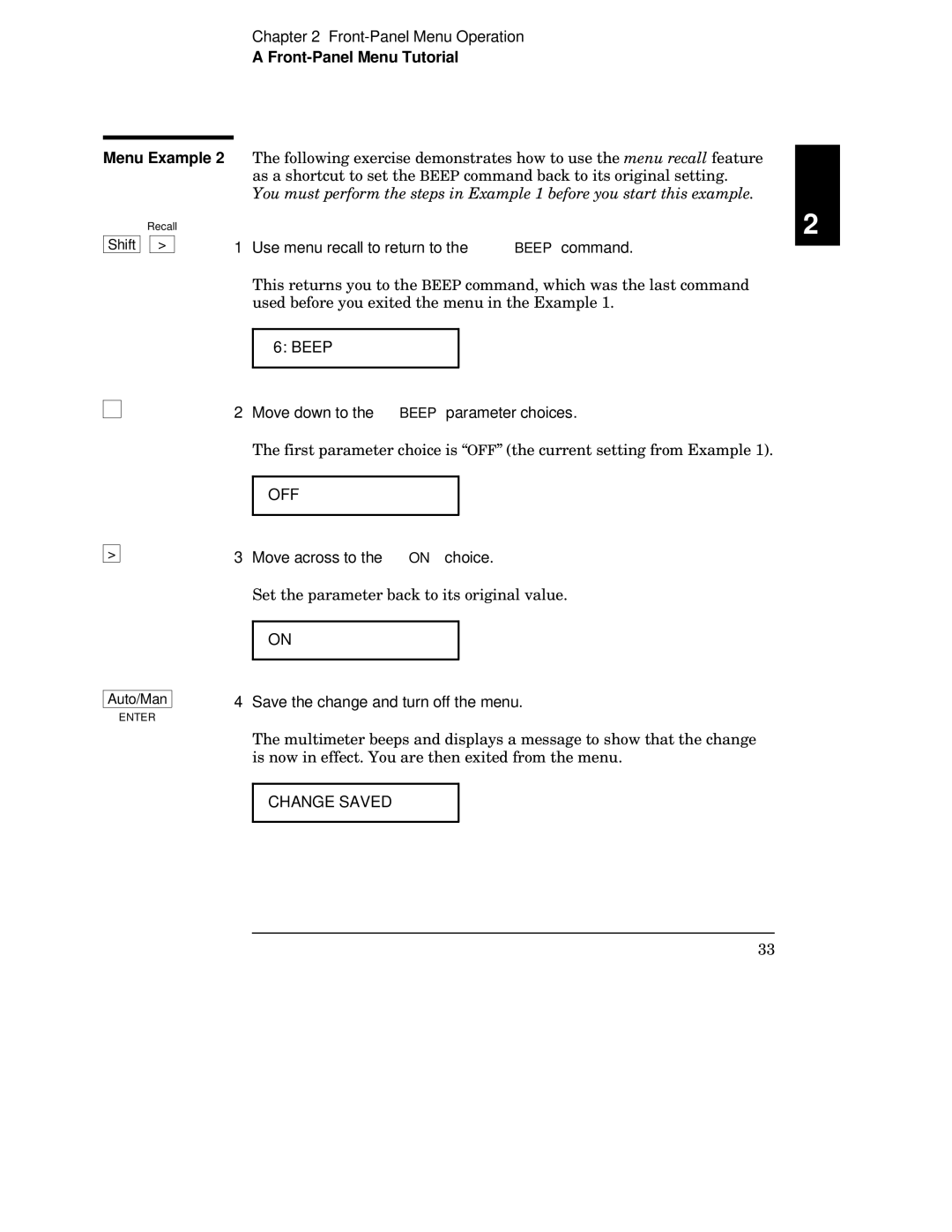 Agilent Technologies 34401A manual Use menu recall to return to the Beep command, Move down to the Beep parameter choices 