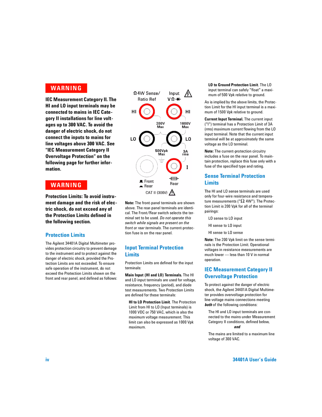 Agilent Technologies 34401A manual Protection Limits 