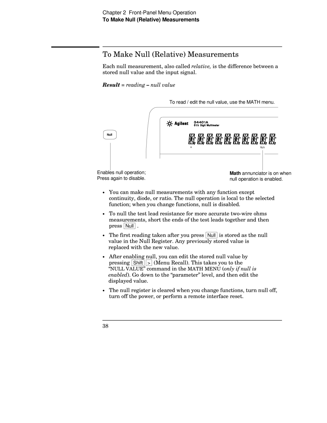 Agilent Technologies 34401A manual To Make Null Relative Measurements, Result = reading null value 