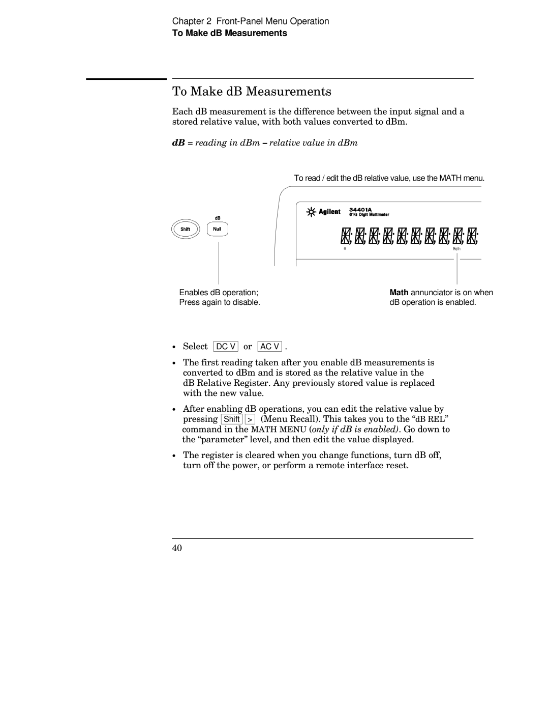 Agilent Technologies 34401A manual To Make dB Measurements, DB = reading in dBm relative value in dBm 