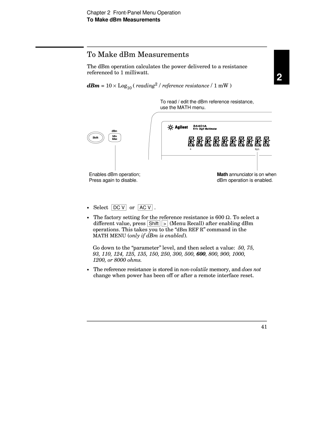 Agilent Technologies 34401A manual To Make dBm Measurements, DBm = 10 ⋅ Log10 reading2 / reference resistance / 1 mW 