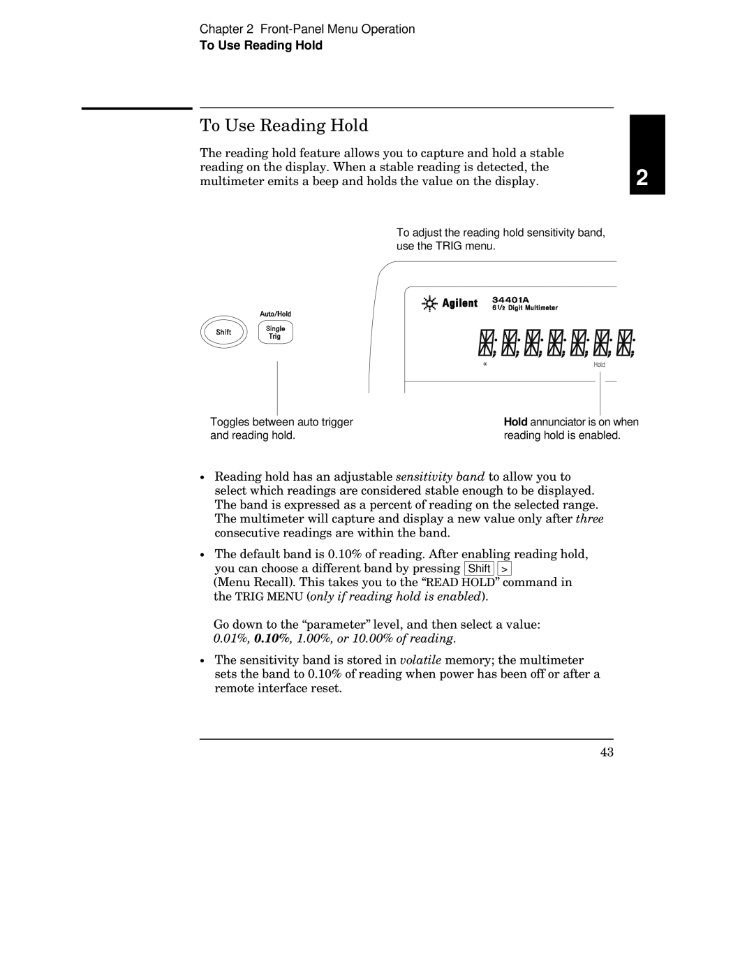 Agilent Technologies 34401A manual To Use Reading Hold 