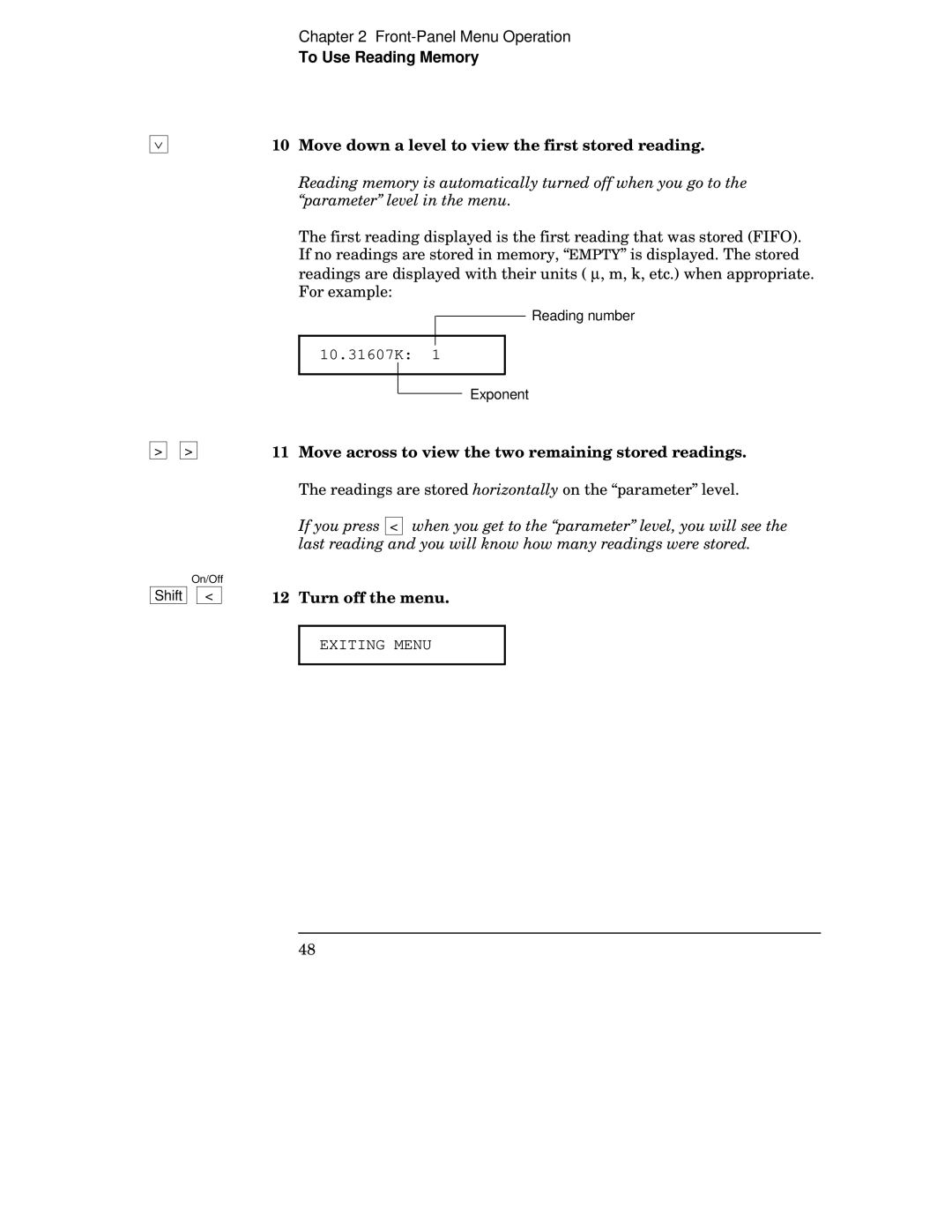 Agilent Technologies 34401A manual Move down a level to view the first stored reading, Turn off the menu 