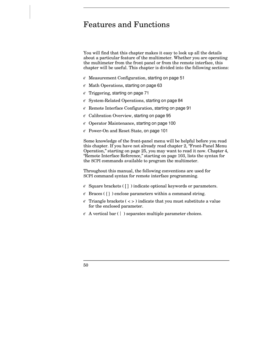 Agilent Technologies 34401A manual Features and Functions, Math Operations, starting on Triggering, starting on 