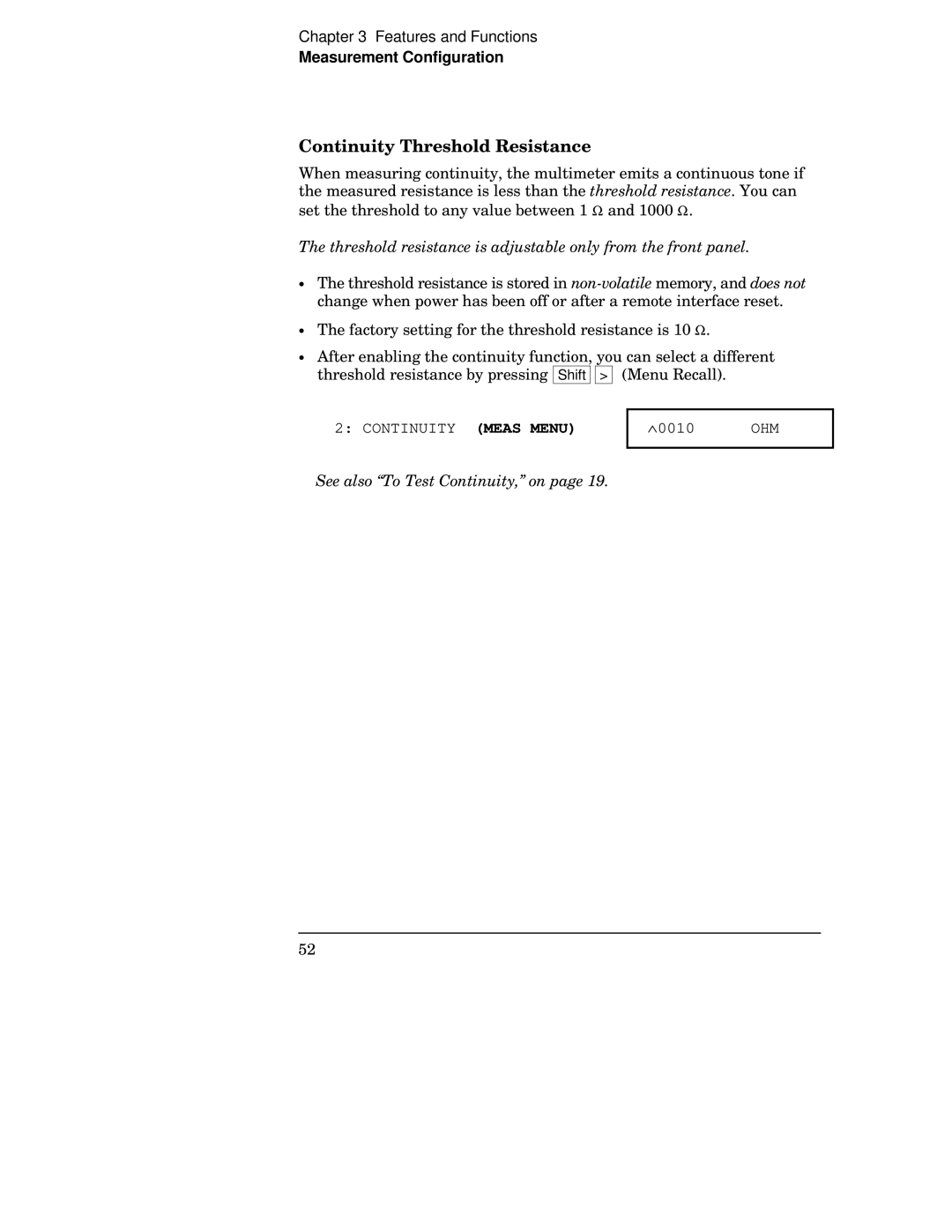 Agilent Technologies 34401A manual Continuity Threshold Resistance, See also To Test Continuity, on 