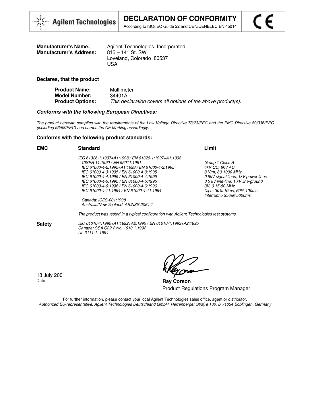 Agilent Technologies 34401A manual Declaration of Conformity 