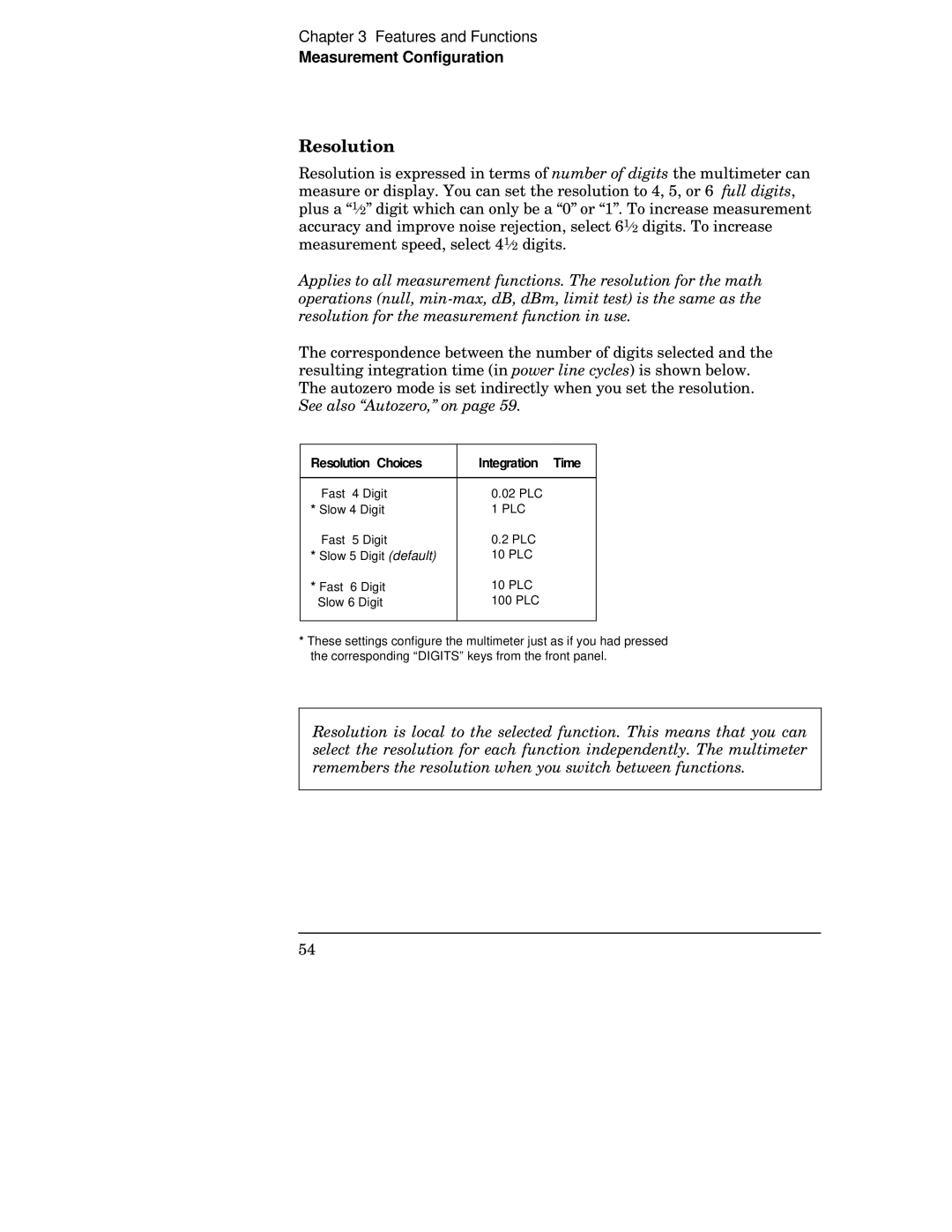 Agilent Technologies 34401A manual Resolution Choices Integration Time 