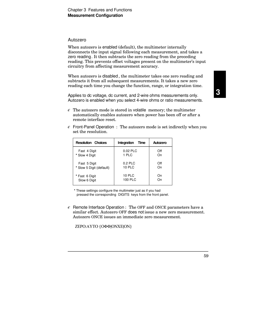 Agilent Technologies 34401A manual Resolution Choices Integration Time Autozero 