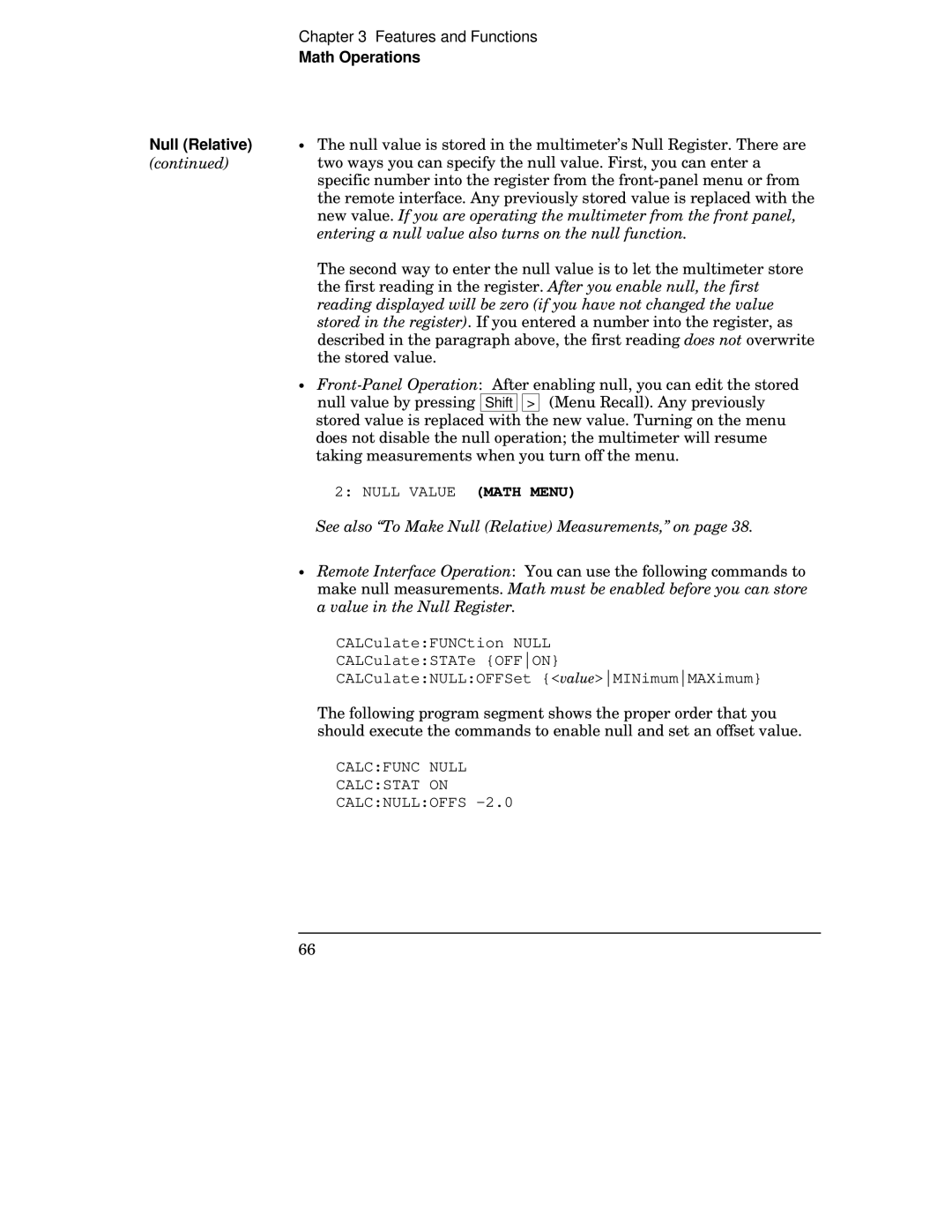 Agilent Technologies 34401A manual Math Operations Null Relative, Entering a null value also turns on the null function 