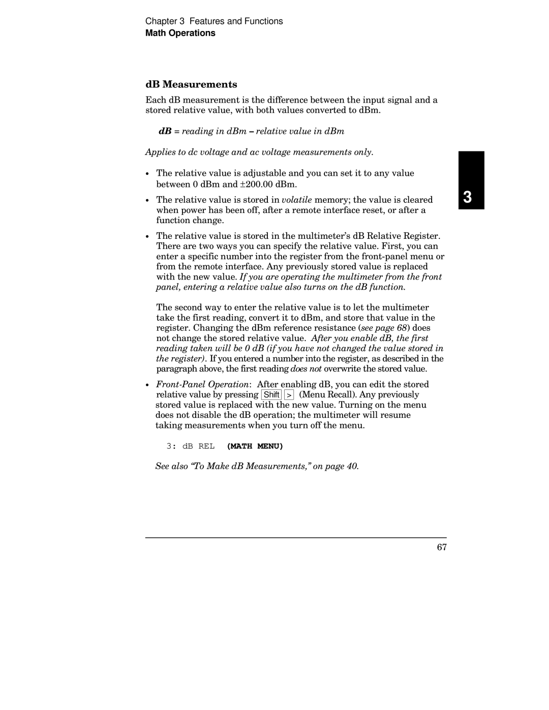 Agilent Technologies 34401A manual DB Measurements, DB REL Math Menu, See also To Make dB Measurements, on 