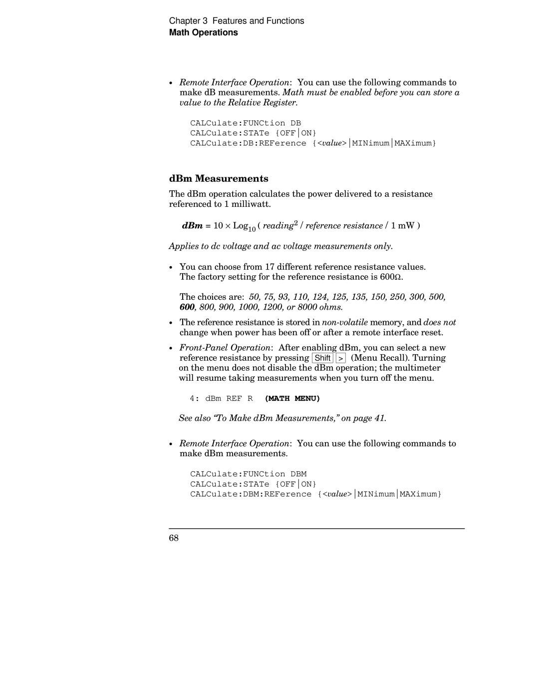 Agilent Technologies 34401A manual DBm Measurements, DBm REF R Math Menu, See also To Make dBm Measurements, on 