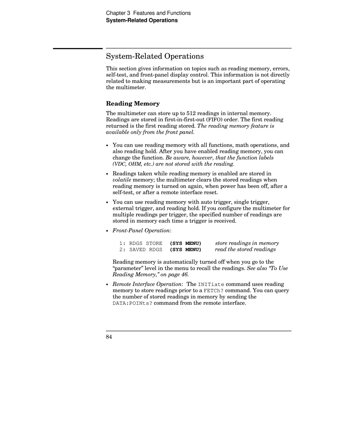 Agilent Technologies 34401A manual System-Related Operations, Reading Memory, SYS Menu 