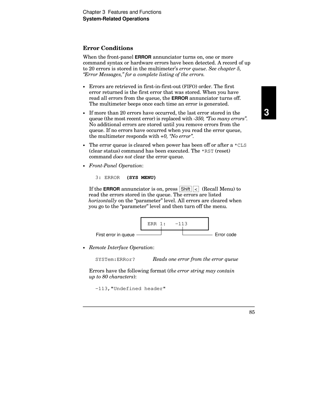 Agilent Technologies 34401A manual Error Conditions, Error SYS Menu 