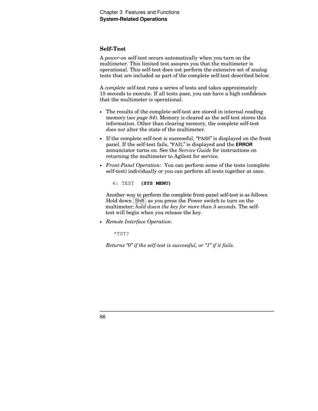 Agilent Technologies 34401A manual Self-Test, Test SYS Menu, Returns 0 if the self-test is successful, or 1 if it fails 