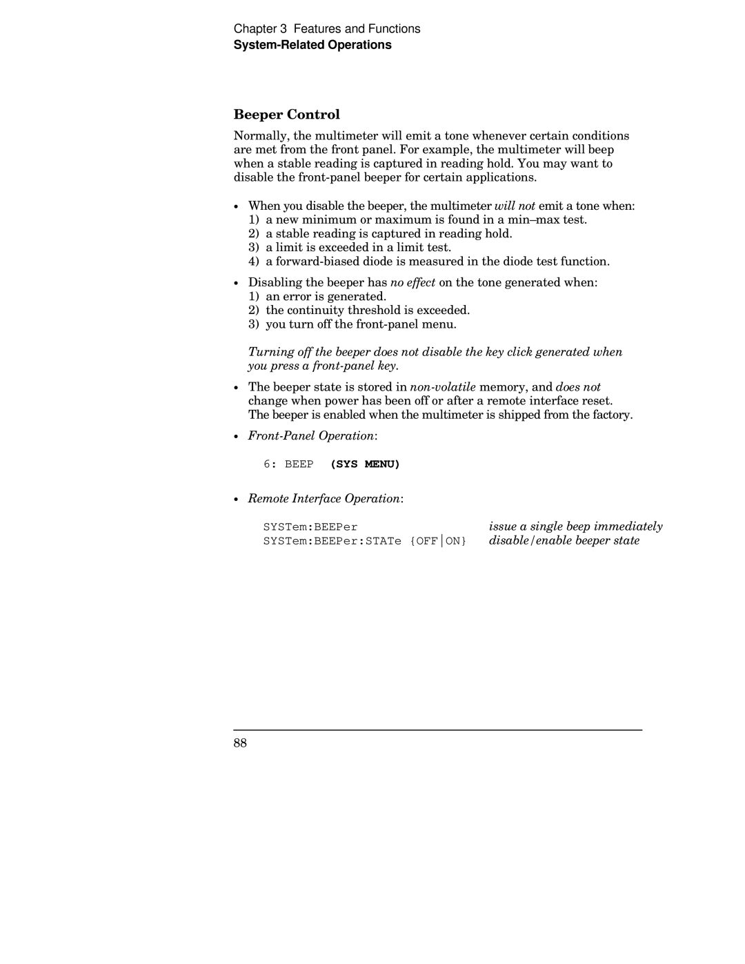 Agilent Technologies 34401A Beeper Control, Beep SYS Menu, Issue a single beep immediately, Disable/enable beeper state 