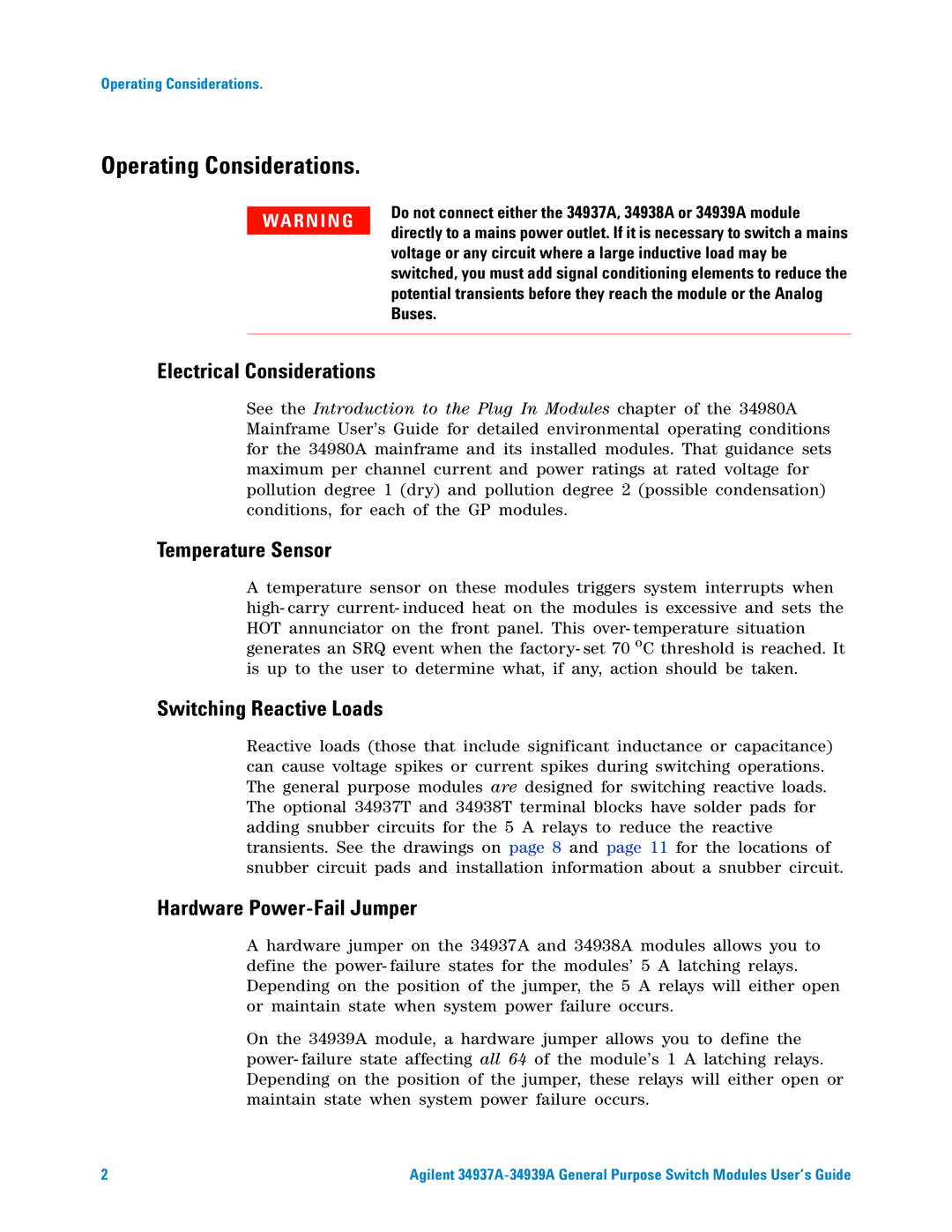 Agilent Technologies 34939A, 34937A manual Operating Considerations, Electrical Considerations, Temperature Sensor 