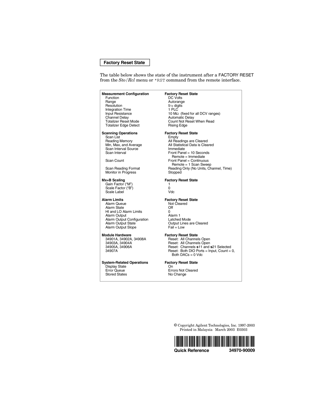 Agilent Technologies 34970A manual Factory Reset State, Quick Reference 34970-90009 