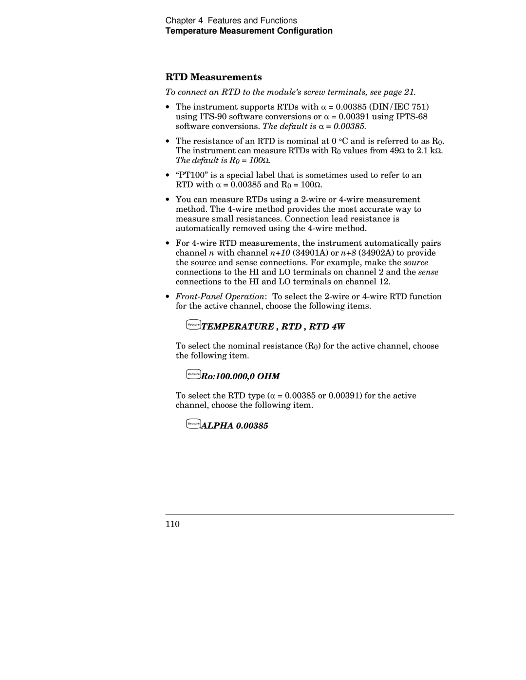 Agilent Technologies 34970A manual RTD Measurements, To connect an RTD to the module’s screw terminals, see 