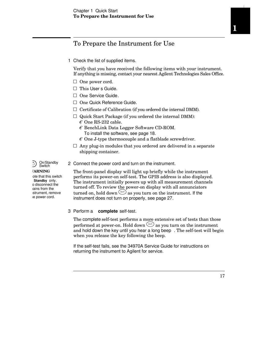 Agilent Technologies 34970A manual To Prepare the Instrument for Use, Check the list of supplied items 