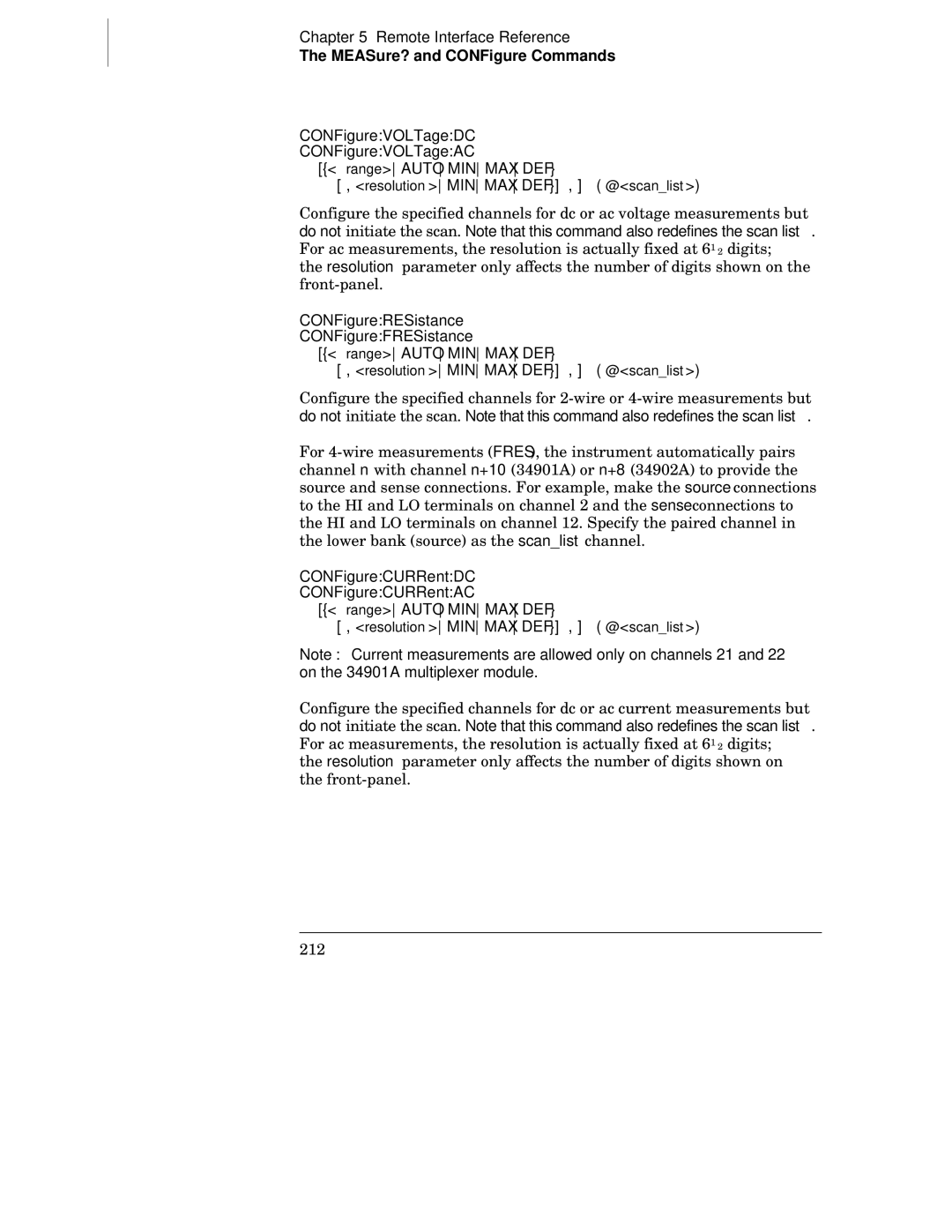 Agilent Technologies 34970A manual CONFigureVOLTageDC CONFigureVOLTageAC RangeAUTOMINMAXDEF 