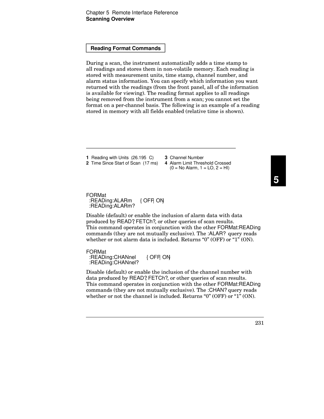 Agilent Technologies 34970A manual Scanning Overview Reading Format Commands, FORMat READingALARm Offon READingALARm? 