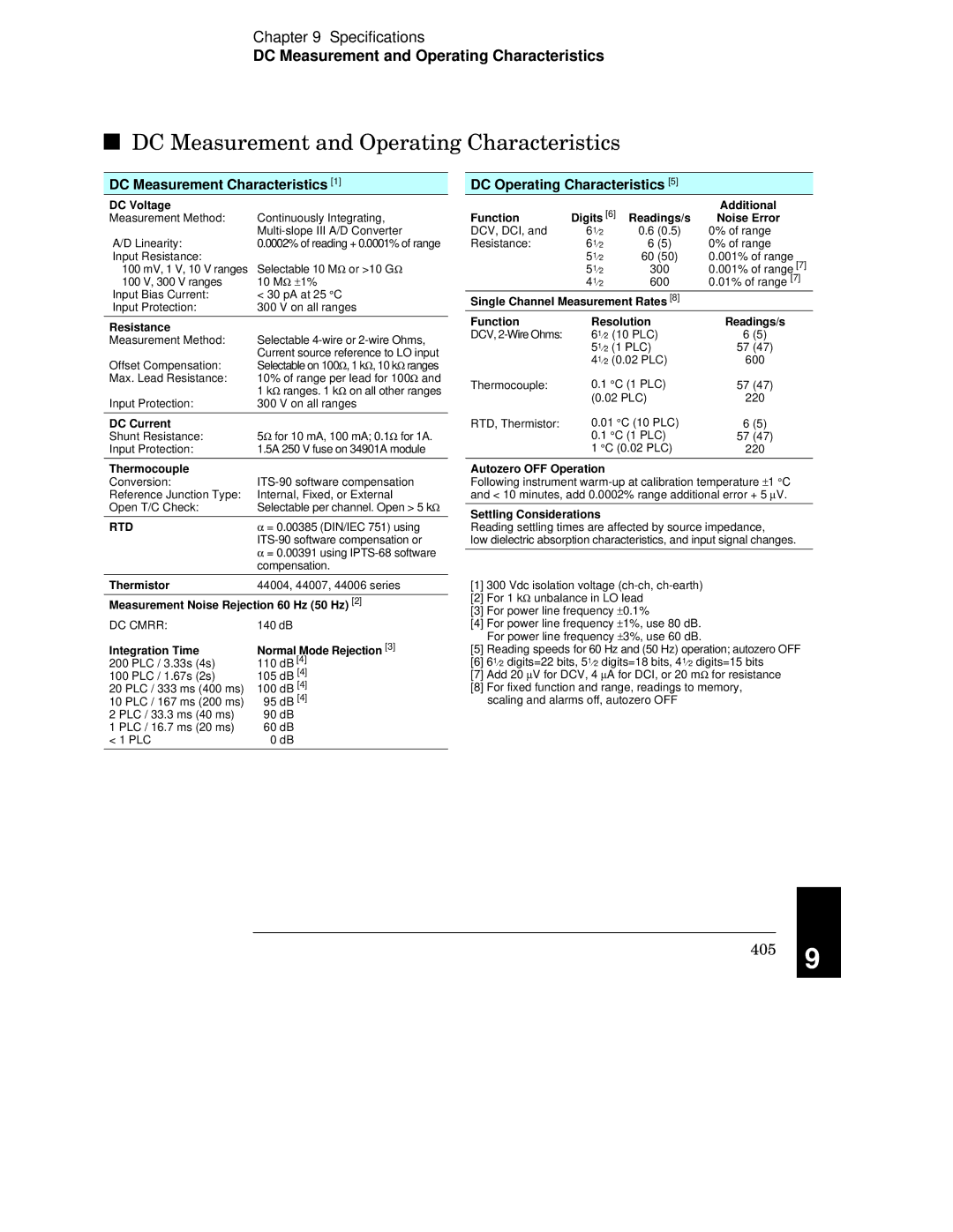 Agilent Technologies 34970A manual DC Measurement and Operating Characteristics 