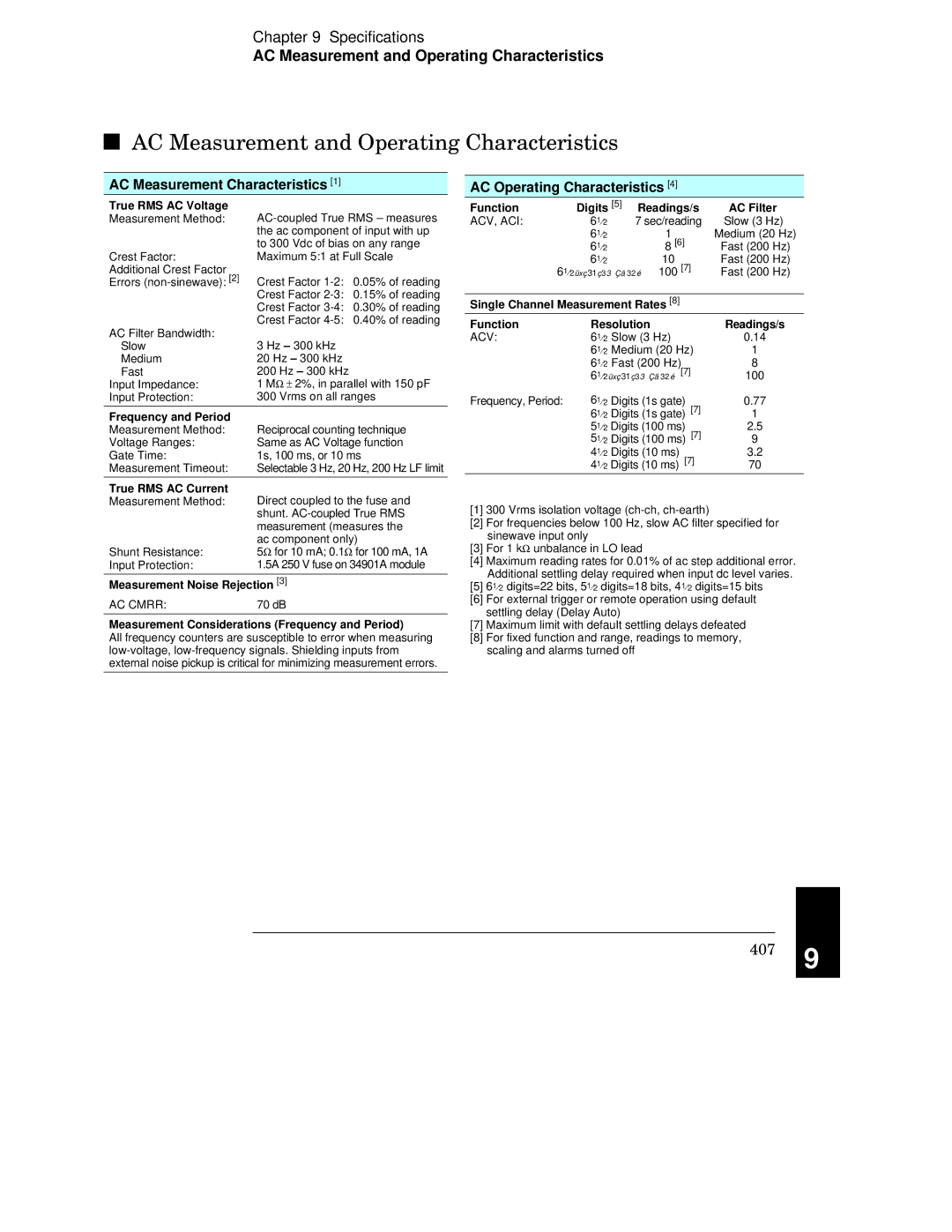 Agilent Technologies 34970A manual AC Measurement and Operating Characteristics 