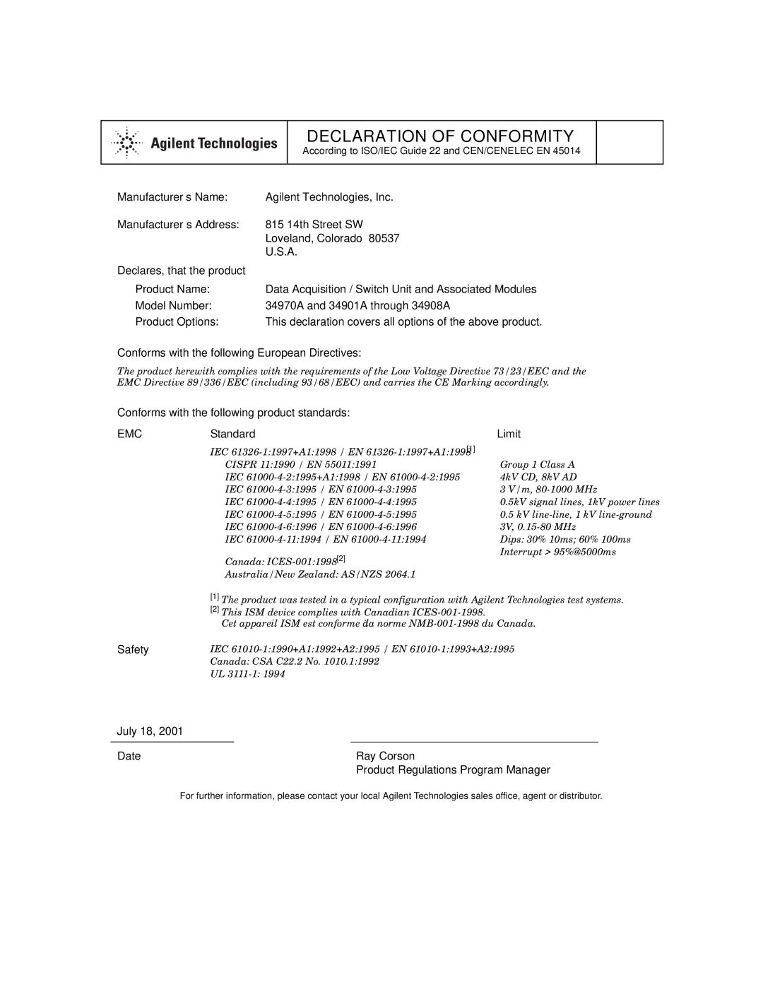 Agilent Technologies 34970A manual Declaration of Conformity 
