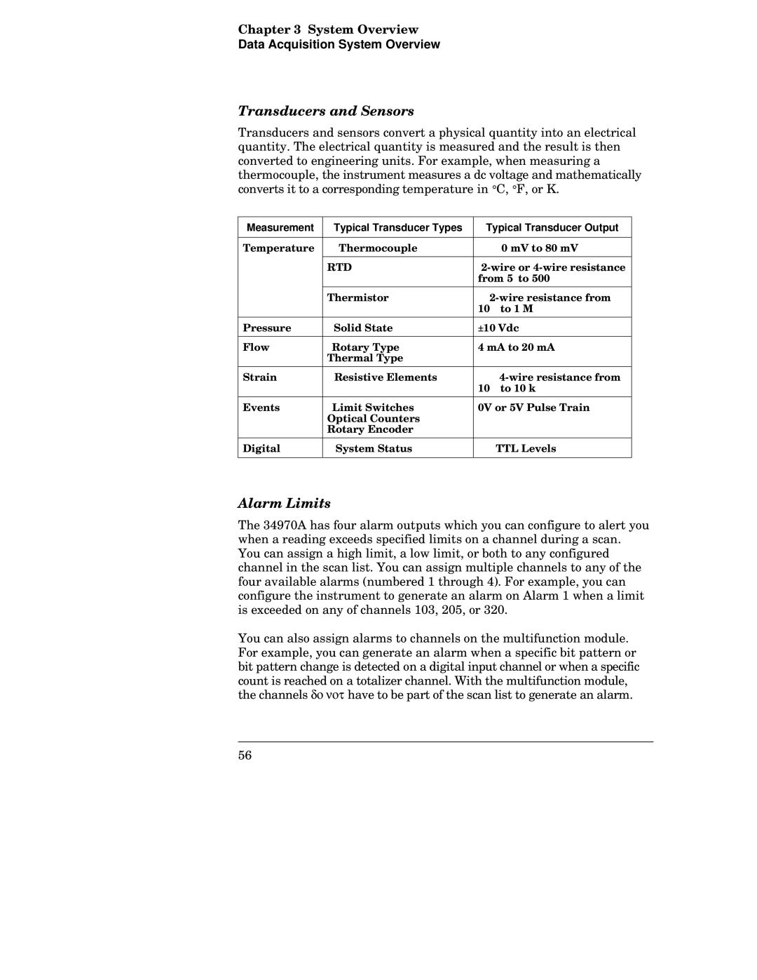 Agilent Technologies 34970A manual Transducers and Sensors, Alarm Limits 