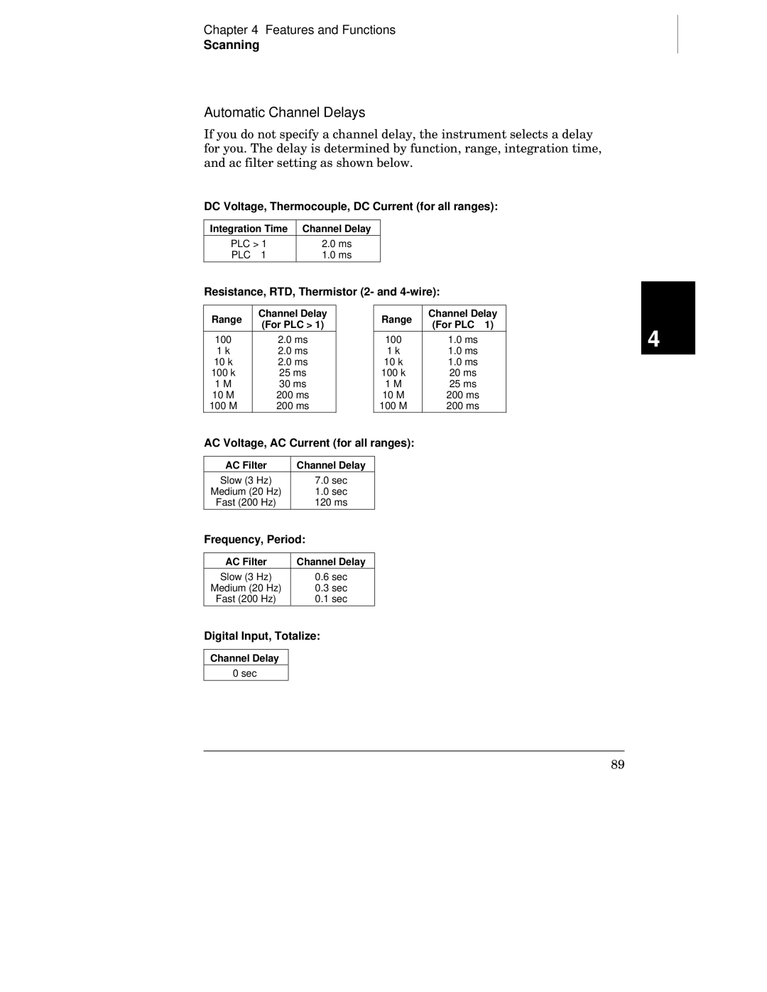 Agilent Technologies 34970A manual Automatic Channel Delays, Integration Time Channel Delay, Range Channel Delay 