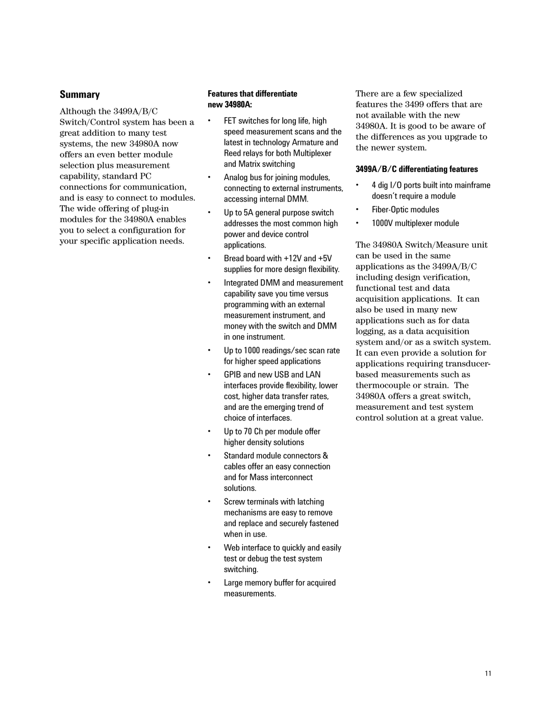 Agilent Technologies 34980A manual Summary, 3499A/B/C differentiating features 