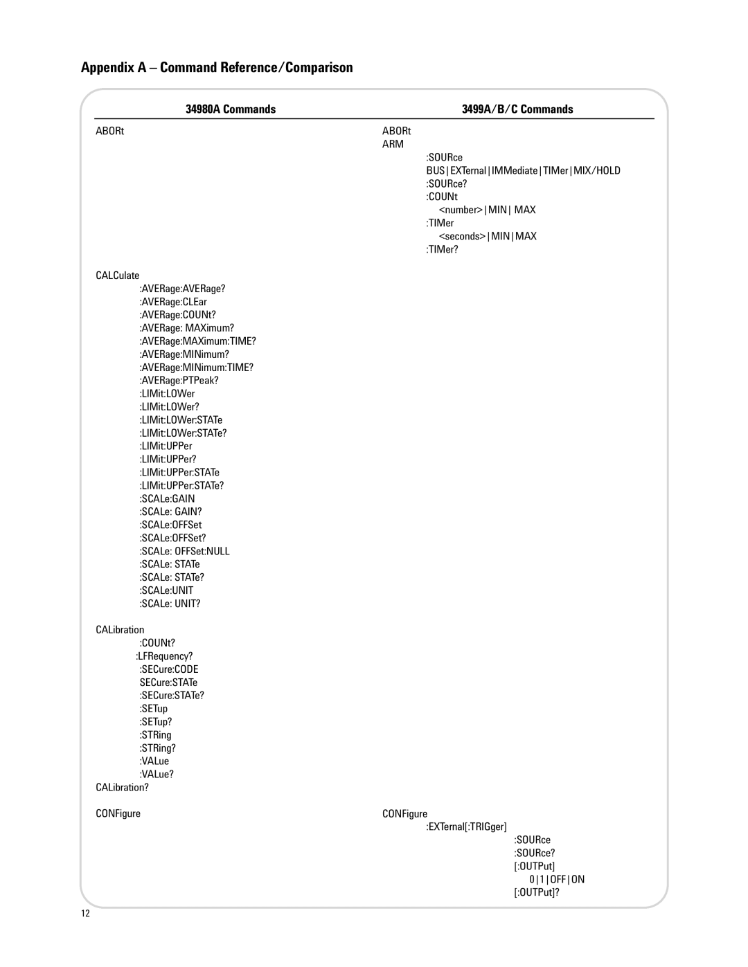 Agilent Technologies manual Appendix a Command Reference/Comparison, 34980A Commands 3499A/B/C Commands, Arm, 01OFFON 