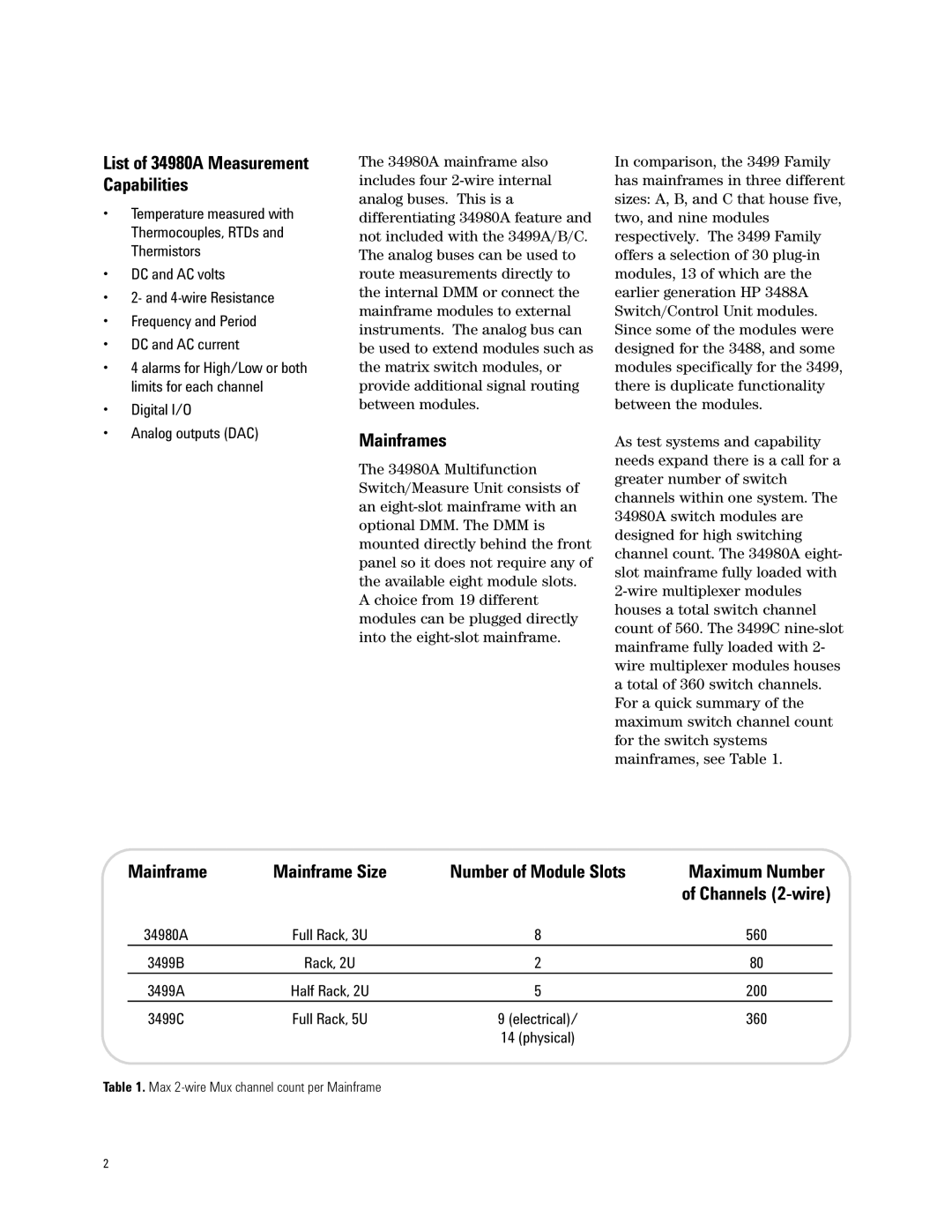 Agilent Technologies 3499A/B/C, 34980A manual Mainframes, Maximum Number, Channels 2-wire 