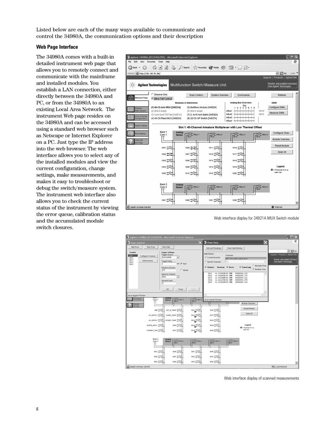 Agilent Technologies 3499A/B/C, 34980A manual Web Page Interface 