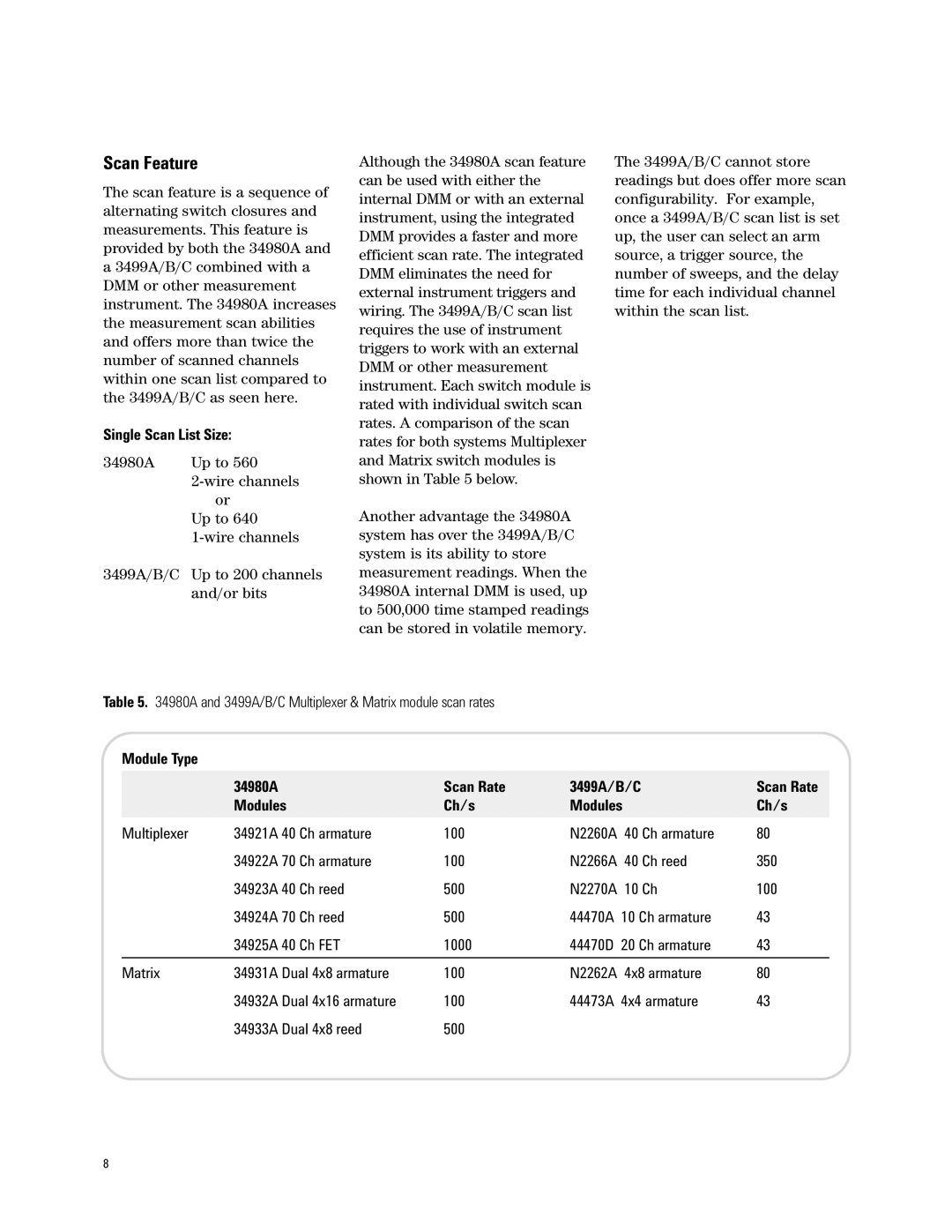 Agilent Technologies 34980A manual Scan Feature, Single Scan List Size, Scan Rate 3499A/B/C, Modules Ch/s 