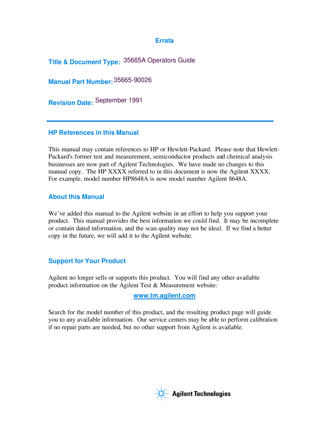 Agilent Technologies 35665-90026 manual About this Manual 