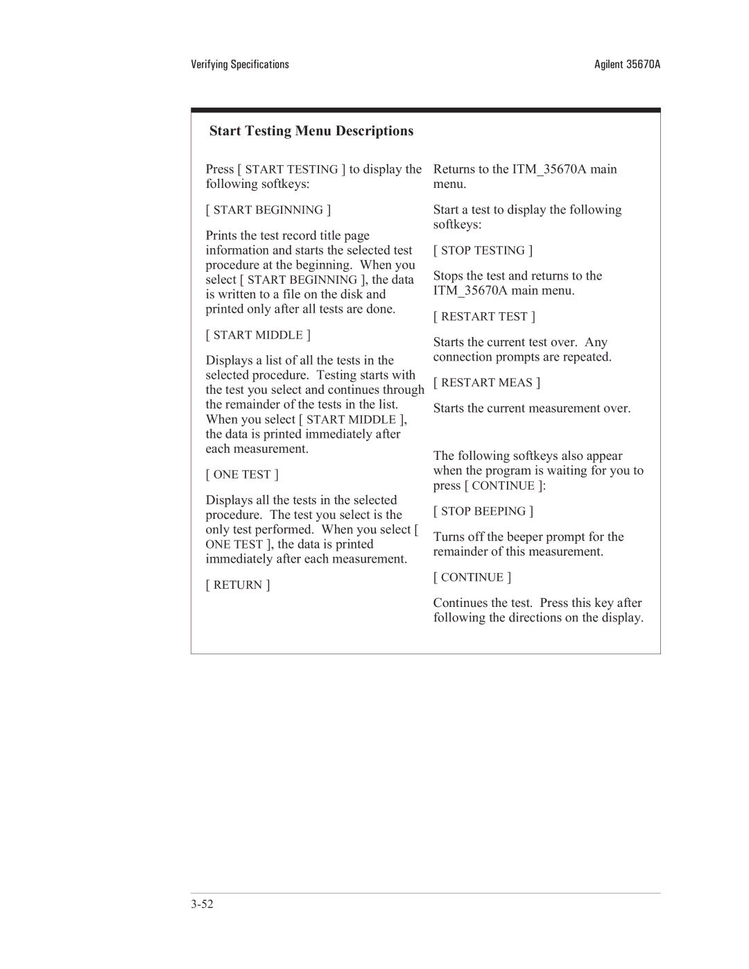 Agilent Technologies 35670-90066 Start Testing Menu Descriptions, Press Start Testing to display the following softkeys 