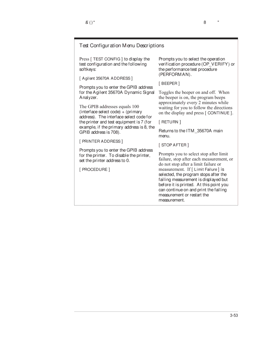 Agilent Technologies 35670-90066 manual Test Configuration Menu Descriptions 