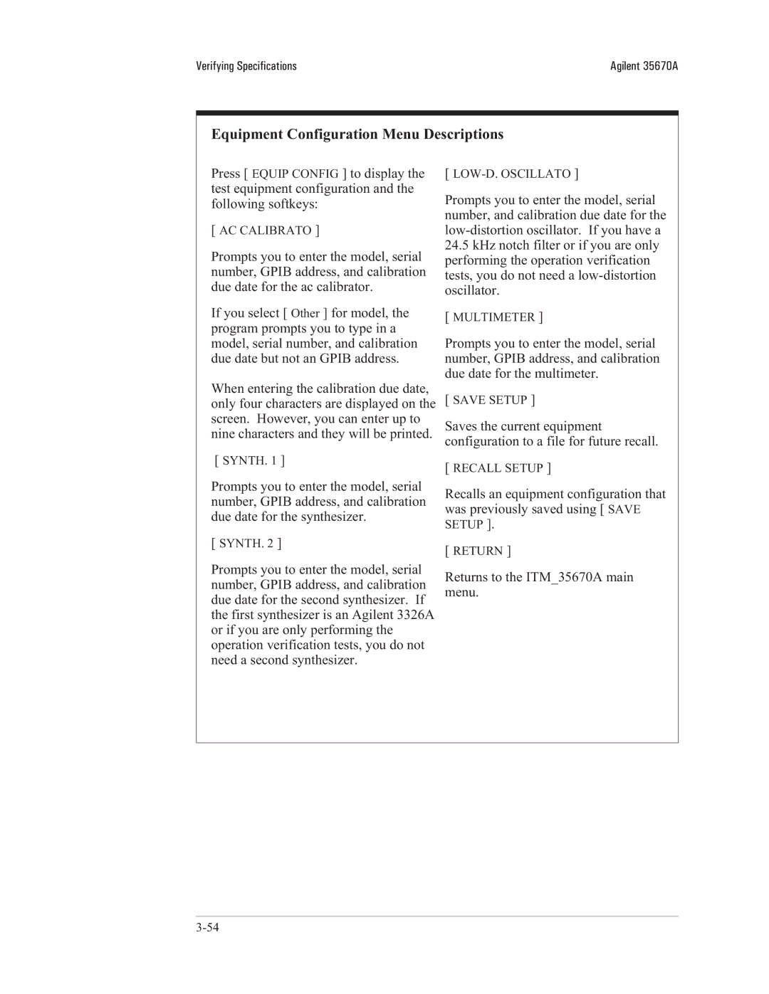 Agilent Technologies 35670-90066 manual Equipment Configuration Menu Descriptions 