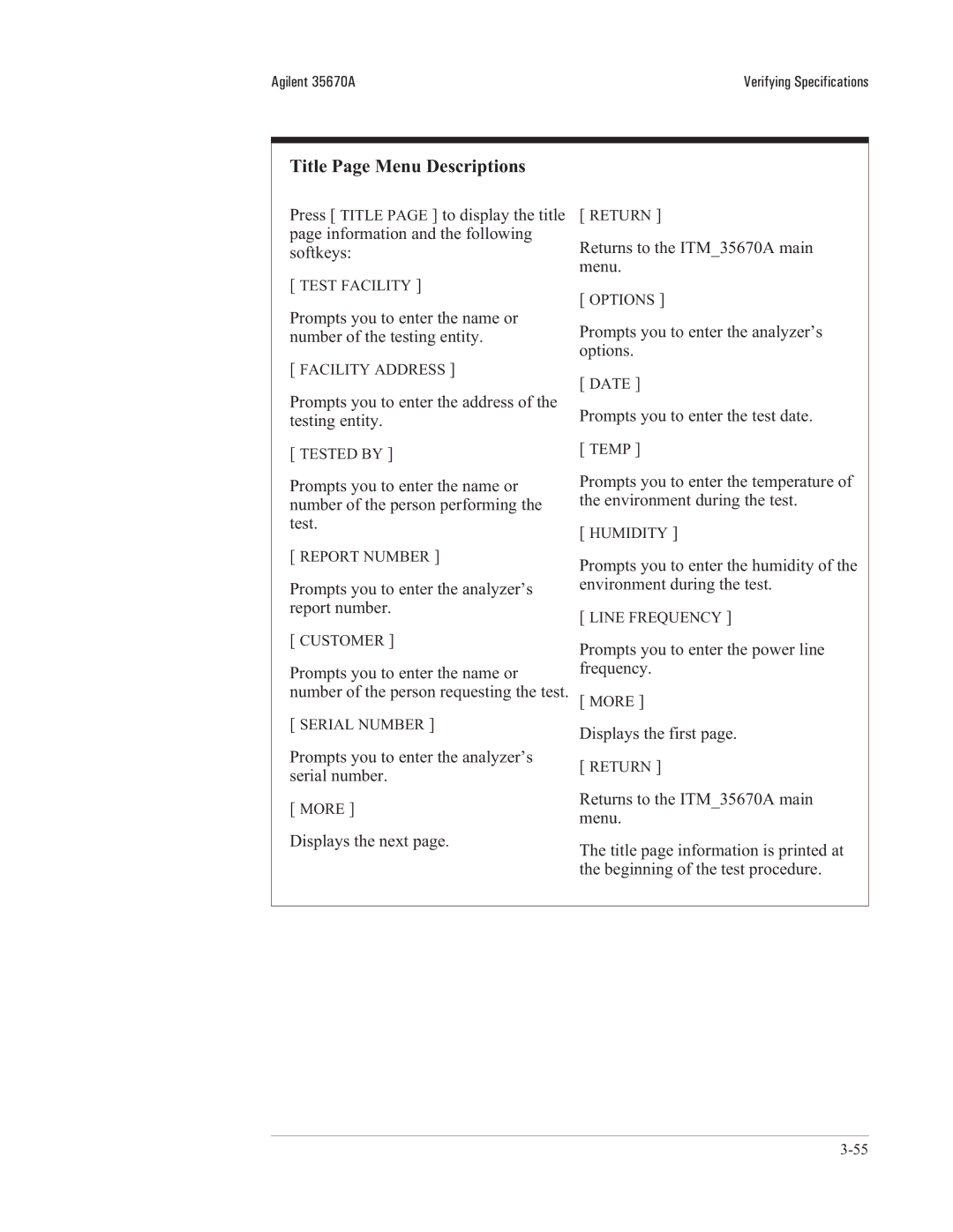 Agilent Technologies 35670-90066 manual Title Page Menu Descriptions, Prompts you to enter the analyzer’s report number 