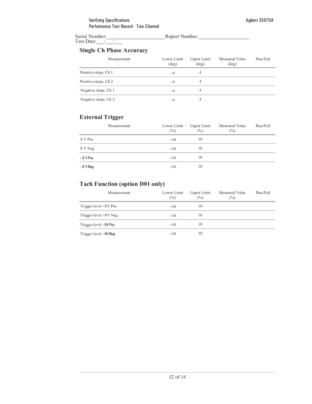 Agilent Technologies 35670-90066 manual Single Ch Phase Accuracy, External Trigger, Tach Function option D01 only 