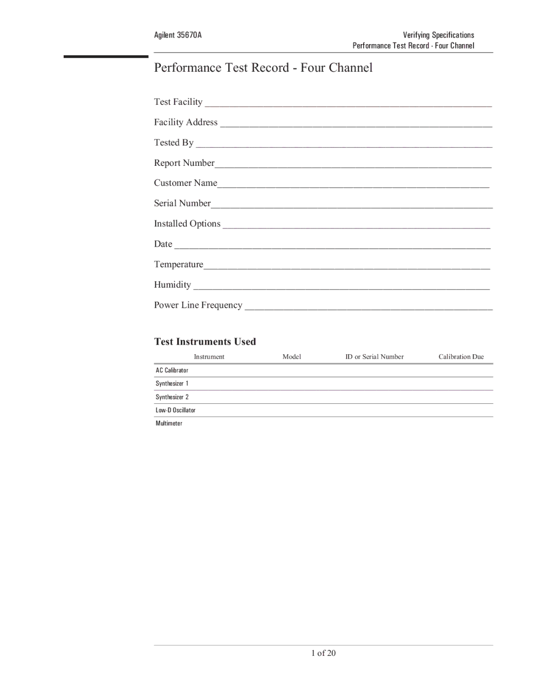 Agilent Technologies 35670-90066 manual Performance Test Record Four Channel, Test Instruments Used 