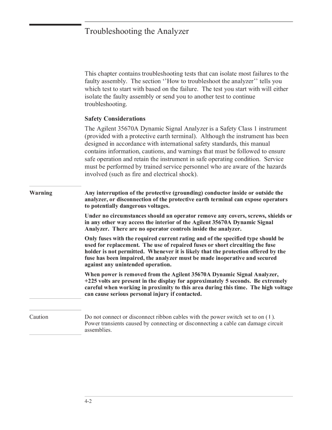 Agilent Technologies 35670-90066 manual Troubleshooting the Analyzer, Safety Considerations 