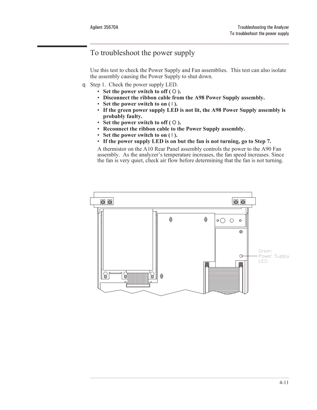 Agilent Technologies 35670-90066 manual To troubleshoot the power supply, Set the power switch to on l, Probably faulty 