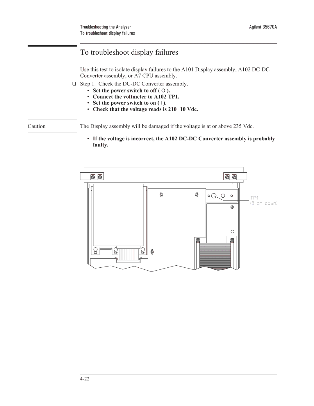 Agilent Technologies 35670-90066 manual To troubleshoot display failures, Connect the voltmeter to A102 TP1, Faulty 