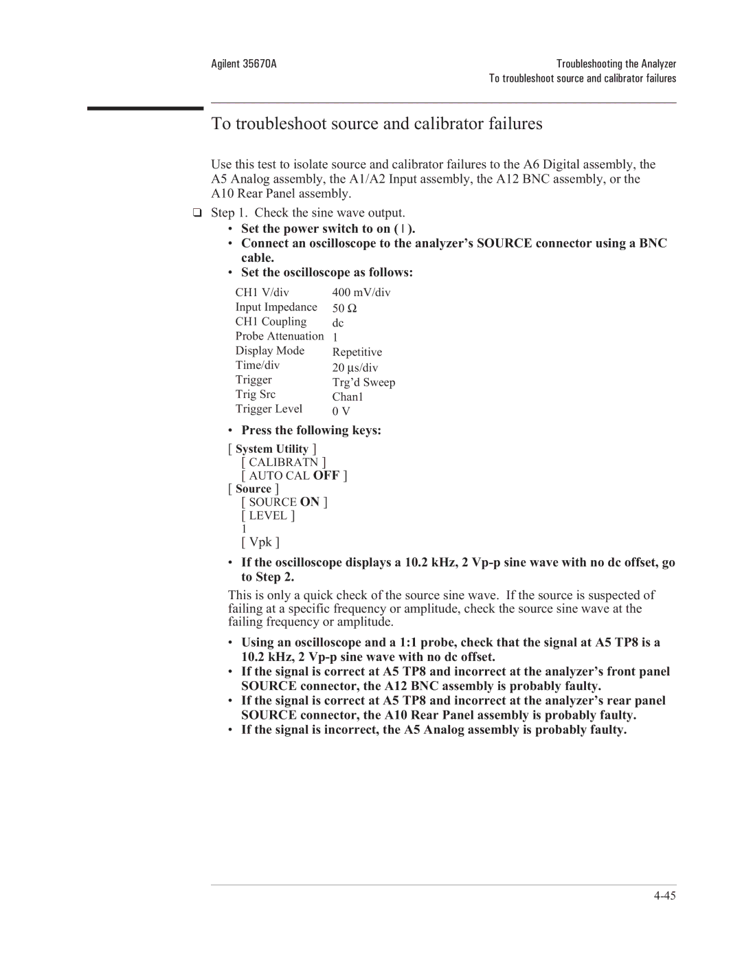 Agilent Technologies 35670-90066 manual To troubleshoot source and calibrator failures, Source 